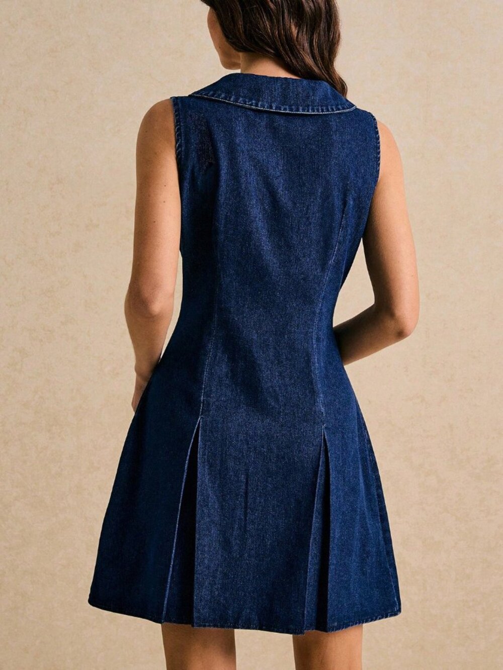 Dark Wash Casual Women's Front Pleated Button Sleeveless Dress - Picture 2 of 4